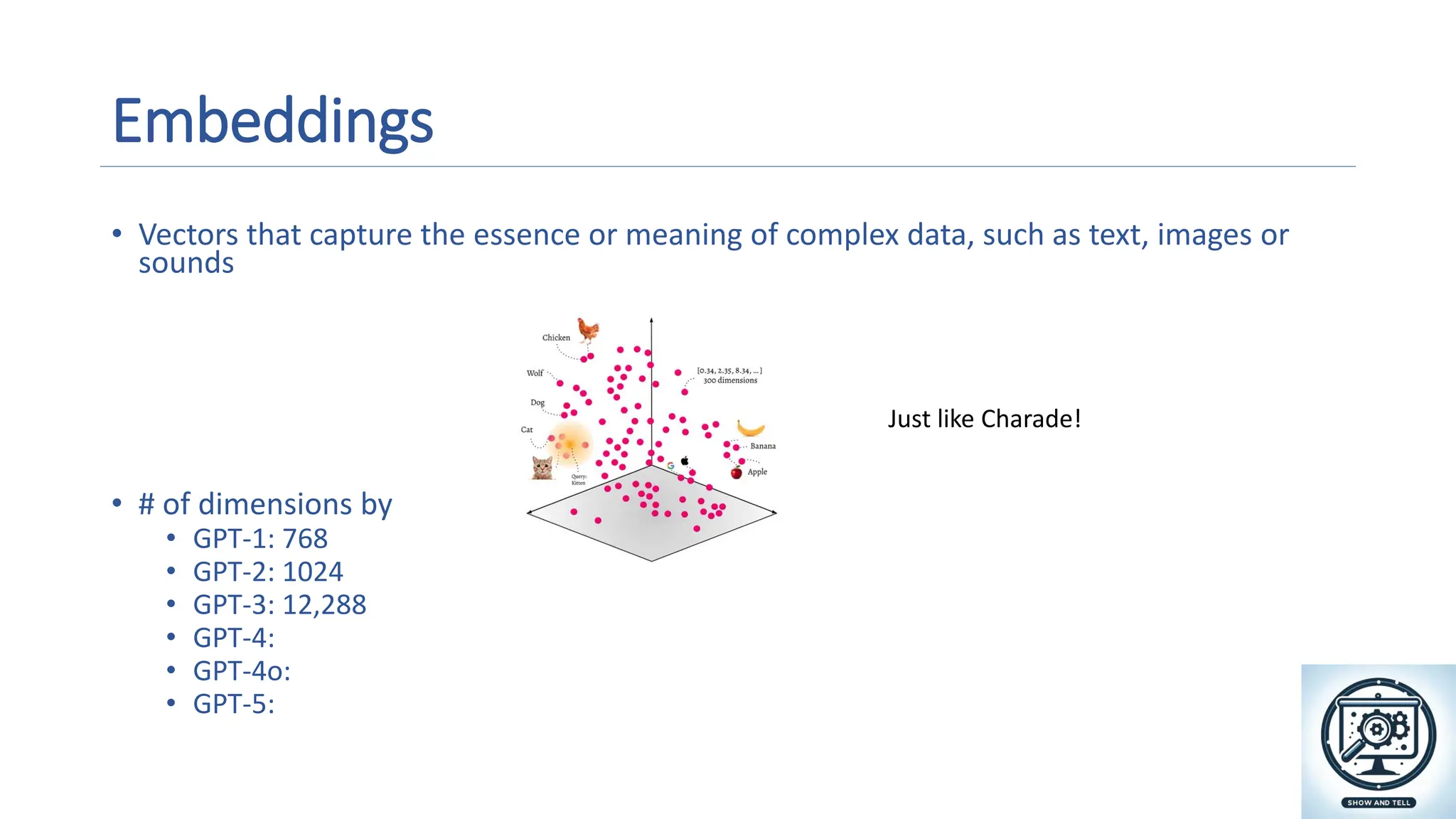 Embeddings
• Vectors that capture the essence or meaning of complex data, such as text, images or
sounds
• # of dimensions by model
• GPT-1: 768
• GPT-2: 1024
• GPT-3: 12,288
• GPT-4:
• GPT-4o:
• GPT-5:
A magnifying glass and gears on a screen
Description automatically generated
Just like Charade!
 