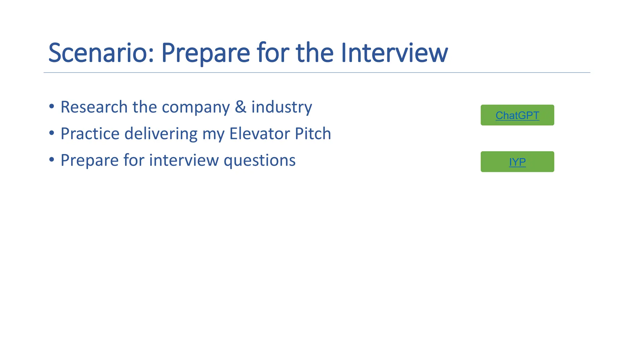Scenario: Prepare for the Interview
• Research the company & industry
• Practice delivering my Elevator Pitch
• Prepare for interview questions
ChatGPT
IYP
IYP
 