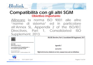 Obiettivo importante
Compatibilità con gli altri SGMCompatibilità con gli altri SGM
Allineare la norma ISO 9001 alle altre
“norme di sistema” ed in particolarep
all’Annex SL, Appendix 2 of the ISO/IEC
Directives, Part 1, Consolidated ISO
Supplement, 2013.
Pagina 15 di 5413/11/2014 12:07
 