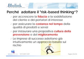 per accrescere la fiducia e la soddisfazione
Perché adottare il "Perché adottare il "riskrisk--basedbased thinkingthinking“?“?
per accrescere la fiducia e la soddisfazione
del cliente e dei portatori di interesse
i l l d llper assicurare la costanza nel tempo della
qualità di prodotti e servizi
per instaurare una propositiva cultura della
prevenzione e del miglioramento
Le imprese di successo adottano già
intuitivamente un approccio basato sulpp
rischio
Pagina 30 di 5413/11/2014 12:07
 