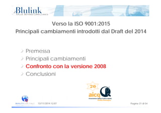 Verso la ISO 9001:2015
Principali cambiamenti introdotti dal Draft del 2014Principali cambiamenti introdotti dal Draft del 2014
Premessa
i i i i iPrincipali cambiamenti
Confronto con la versione 2008
Conclusioni
Pagina 31 di 5413/11/2014 12:07
 