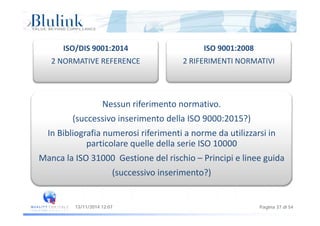 ISO/DIS 9001:2014
2 NORMATIVE REFERENCE
ISO 9001:2008
2 RIFERIMENTI NORMATIVI2 NORMATIVE REFERENCE 2 RIFERIMENTI NORMATIVI
Nessun riferimento normativo.
(successivo inserimento della ISO 9000:2015?)
In Bibliografia numerosi riferimenti a norme da utilizzarsi in 
particolare quelle della serie ISO 10000
Manca la ISO 31000  Gestione del rischio – Principi e linee guida
(successivo inserimento?)
Pagina 37 di 5413/11/2014 12:07
 