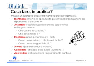 C f i ti ?C f i ti ?
Utilizzare un approccio guidato dal rischio nei processi organizzativi
d ifi i i hi l i à i ll' i i (i
Cosa fare, in pratica?Cosa fare, in pratica?
Identificare i rischi e le opportunità presenti nell'organizzazione (in
dipendenza dal contesto)
Analizzare e gerarchizzare i rischi e le opportunitàa a e e ge a c a e sc e e oppo u à
nell'organizzazione
Che cosa è accettabile?
Ch l è?Che cosa non lo è?
Pianificare azioni per affrontare i rischi
Come posso evitare o eliminare il rischio?Come posso evitare o eliminare il rischio?
Come posso mitigare il rischio?
Attuare il piano (condurre le azioni)
Controllare l'efficacia delle azioni ("funziona"?)
Apprendere dall'esperienza (miglioramento continuo)
Pagina 50 di 5413/11/2014 12:07
 