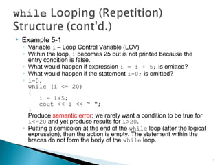 Example 5-1
Variable i Loop Control Variable (LCV)
Within the loop, i becomes 25 but is not printed because the
entry condition is false.
What would happen if expression i = i + 5; is omitted?
What would happen if the statement i=0; is omitted?
i=0;
while (i <= 20)
{
i = i+5;
cout << i << ;
}
Produce semantic error; we rarely want a condition to be true for
i<=20 and yet produce results for i>20.
Putting a semicolon at the end of the while loop (after the logical
expression), then the action is empty. The statement within the
braces do not form the body of the while loop.
7