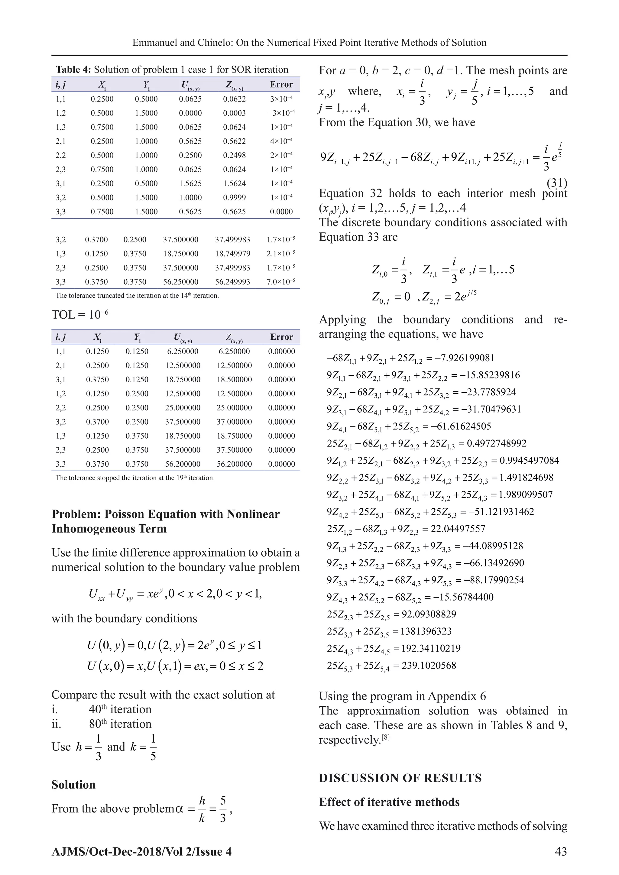 On the Numerical Fixed Point Iterative Methods of Solution for the ...
