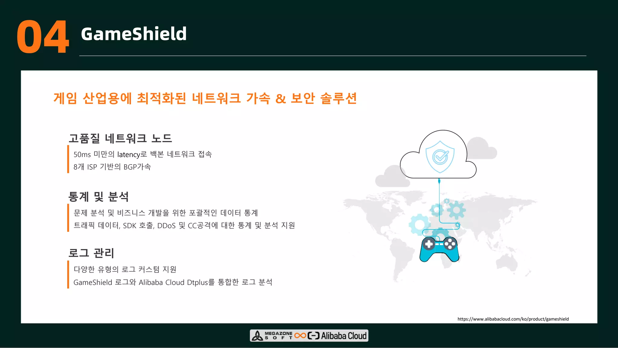 03 GameShield
https://www.alibabacloud.com/ko/product/gameshield
고품질 네트워크 노드
통계 및 분석
로그 관리
50ms 미만의 latency로 백본 네트워크 접속
8개 ISP 기반의 BGP가속
문제 분석 및 비즈니스 개발을 위한 포괄적인 데이터 통계
트래픽 데이터, SDK 호출, DDoS 및 CC공격에 대한 통계 및 분석 지원
다양한 유형의 로그 커스텀 지원
GameShield 로그와 Alibaba Cloud Dtplus를 통합한 로그 분석
게임 산업용에 최적화된 네트워크 가속 & 보안 솔루션
04
 