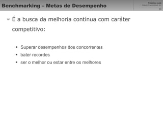 Benchmarking – Metas de Desempenho É a busca da melhoria contínua com caráter competitivo: Superar desempenhos dos concorrentes bater recordes ser o melhor ou estar entre os melhores 