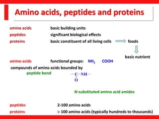 Amino acids, peptides and proteins
amino acids basic building units
peptides significant biological effects
proteins basic constituent of all living cells foods
amino acids functional groups: NH2 COOH
compounds of amino acids bounded by
peptide bond
N-substituted amino acid amides
peptides 2-100 amino acids
proteins  100 amino acids (typically hundreds to thousands)
C
O
NH
basic nutrient
 
