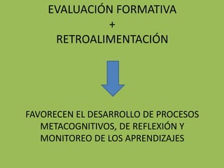 EVALUACIÓN FORMATIVA
+
RETROALIMENTACIÓN
FAVORECEN EL DESARROLLO DE PROCESOS
METACOGNITIVOS, DE REFLEXIÓN Y
MONITOREO DE L...