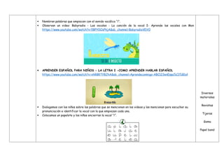  Nombran palabras que empiecen con el sonido vocálico “i”.
 Observan un video: Babyradio - Las vocales - La canción de la vocal I- Aprende las vocales con Mon
https://www.youtube.com/watch?v=5BPY0OzPkjA&ab_channel=BabyradioVEVO
 APRENDER ESPAÑOL PARA NIÑOS - LA LETRA I -COMO APRENDER HABLAR ESPAÑOL
https://www.youtube.com/watch?v=xhRBRTYBJhA&ab_channel=Aprendeconmigo-ABC123enEspa%C3%B1ol
 Dialogamos con los niños sobre las palabras que se mencionan en los videos y las mencionan para escuchar su
pronunciación e identificar la vocal con la que empiezan cada una.
 Colocamos un papelote y los niños encierran la vocal “i”.
Diversos
materiales
Revistas
Tijeras
Goma
Papel bond
 