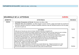 INSTRUMENTOS DE EVALUACIÓN: Cuaderno de campo – Lista de cotejo
DESARROLLO DE LA ACTIVIDAD JUEVES
MOMENTOS ESTRATEGIAS RECURSOS
INICIO  Actividades Permanentes de Entrada: Recibimos a los niños y niñas.
 Utilización Libre de los Sectores: Los niños escogen su sector favorito, juegan practicando los acuerdos de
convivencia, guardan el material y reunidos en asamblea comentan lo que han realizado durante su hora de juego.
 Escuchan el cuento de:
Cuento
Telas
Siluetas
Los 3 Ositos
Había una vez tres osos que vivían en el bosque: Papá oso, mamá osa y el pequeño osito.
Un día Ricitos de Oro se perdió en el bosque y descubrió la casa donde vivían los tres osos. Cuando los osos no estaban,
Ricitos de Oro entró a la casa, probó la sopa del plato grande. -¡Ay! -gritó-. Esta sopa está muy caliente.
Entonces probó la sopa del palto mediano. -¡Brrr! Está sopa esta helada. Por último prueba la sopa del plato pequeño.
-¡Mmm! Esta sopa está deliciosa. Y se la comió toda. Después de comer, Ricitos de Oro quiso dormir un poco.
Se acostó en la cama grande y dijo: -¡Está durísima! Entonces se acostó en la cama mediana y dijo:
-¡Está muy blanda! Por último, se acostó en la cama pequeña. Era tan cómoda que se quedó dormida.
Los osos regresaron a su casa. Papá oso dijo: -¡Alguien ha probado mi sopa!
Mamá osa dijo: -¡Alguien ha probado mi sopa también!
El osito dijo: -¡Alguien se ha comido toda mi sopa!
Los tres osos, tristes y hambrientos, decidieron irse a la cama. Papá oso dijo: -¡Alguien ha dormido en mi cama!
Mamá osa dijo: -¡Alguien ha dormido en mi cama también! El osito gritó: -¡Alguien está durmiendo en mi cama!
Ricitos de Oro despertó. Al ver a los osos saltó de la cama y salió corriendo sin parar.
 