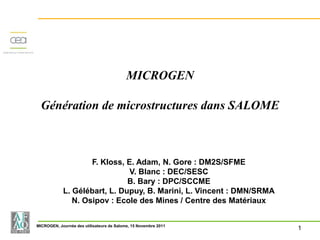 MICROGEN

  Génération de microstructures dans SALOME



                    F. Kloss, E. Adam, N. Gore : DM2S/SFME
                               V. Blanc : DEC/SESC
                              B. Bary : DPC/SCCME
            L. Gélébart, L. Dupuy, B. Marini, L. Vincent : DMN/SRMA
               N. Osipov : Ecole des Mines / Centre des Matériaux


MICROGEN, Journée des utilisateurs de Salome, 15 Novembre 2011
                                                                      1
 