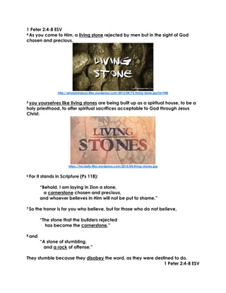 1 Peter 2:4-8 ESV
4 As you come to Him, a living stone rejected by men but in the sight of God
chosen and precious,
http://whoiaminjesus.files.wordpress.com/2013/04/72-living-stone.jpg?w=940
5 you yourselves like living stones are being built up as a spiritual house, to be a
holy priesthood, to offer spiritual sacrifices acceptable to God through Jesus
Christ.
https://twcdaily.files.wordpress.com/2015/04/living-stones.jpg
6 For it stands in Scripture (Ps 118):
“Behold, I am laying in Zion a stone,
a cornerstone chosen and precious,
and whoever believes in Him will not be put to shame.”
7 So the honor is for you who believe, but for those who do not believe,
“The stone that the builders rejected
has become the cornerstone,”
8 and
“A stone of stumbling,
and a rock of offense.”
They stumble because they disobey the word, as they were destined to do.
1 Peter 2:4-8 ESV
 