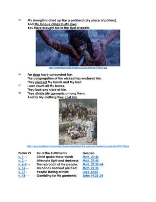 15 My strength is dried up like a potsherd (dry piece of pottery),
And My tongue clings to My jaws;
You have brought Me to the dust of death.
http://mattmilamii.files.wordpress.com/2014/04/i_thirst1.jpg
16 For dogs have surrounded Me;
The congregation of the wicked has enclosed Me.
They pierced My hands and My feet;
17 I can count all My bones.
They look and stare at Me.
18 They divide My garments among them,
And for My clothing they cast lots.
http://www.joyfulheart.com/easter/images-tissot/tissot-the-garments-divided-by-cast-lots-599x719.jpg
Psalm 22 Six of the Fulfillments Gospels
v. 1 -- Christ spoke these words Matt. 27:46
v. 2 -- Alternate light and darkness; Matt. 27:45
v. 6-8 -- The reproach of the people; Matt. 27:39-44
v. 16 -- His hands and feet pierced; Matt. 27:35
v. 17 -- People staring at Him; Luke 23:35
v. 18 -- Gambling for His garments; John 19:23-24
 
