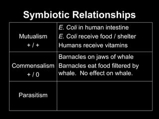 Symbiotic Relationships Mutualism + / + E. Coli  in human intestine E. Coli  receive food / shelter Humans receive vitamins Commensalism + / 0 Barnacles on jaws of whale Barnacles eat food filtered by whale.  No effect on whale. Parasitism 