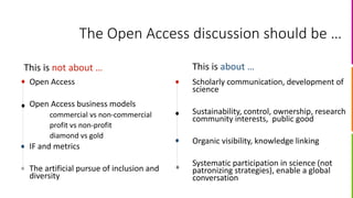 The Open Access discussion should be …
This is not about … This is about …
Scholarly communication, development of
science...