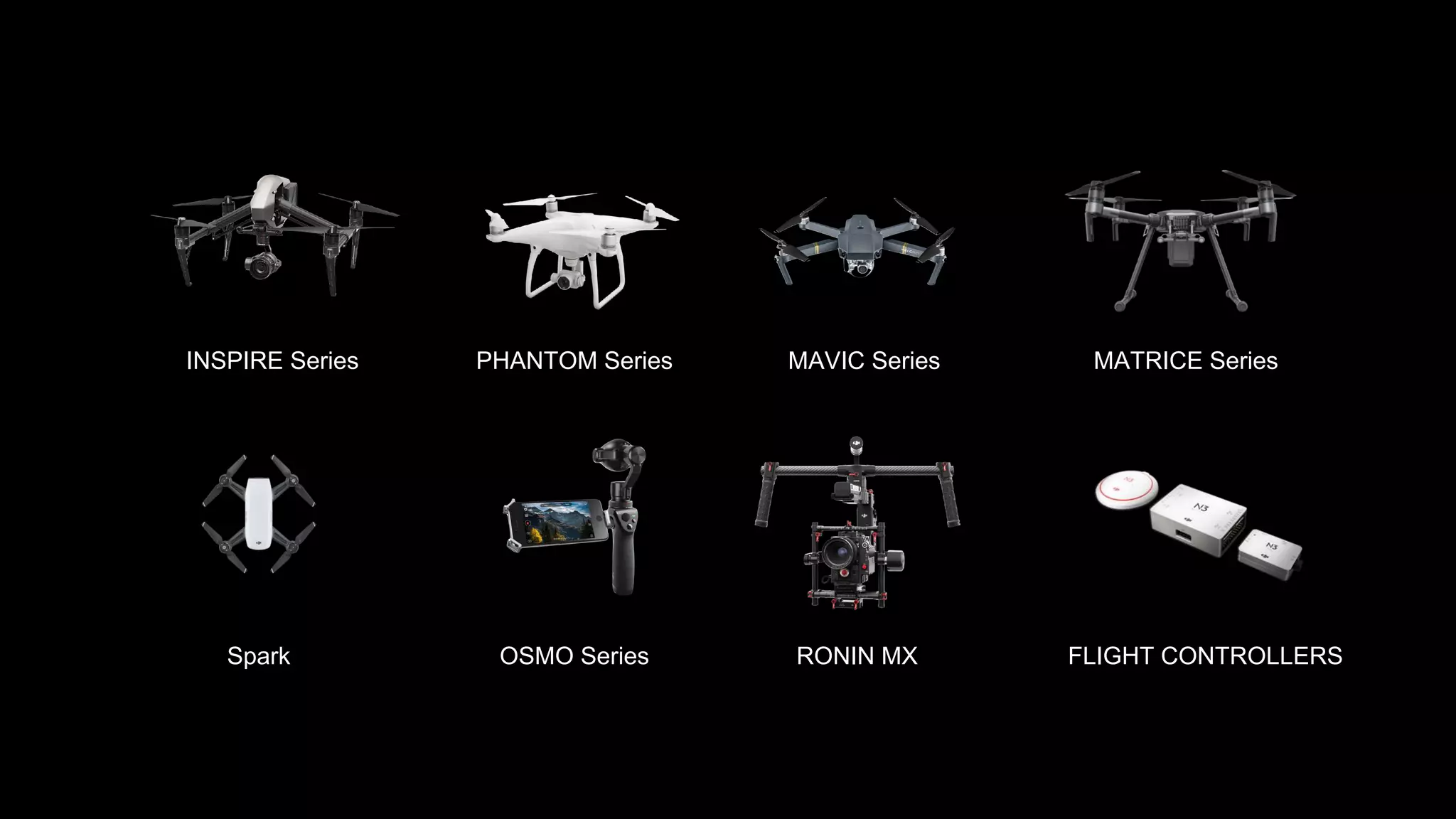 PHANTOM SeriesINSPIRE Series MAVIC Series MATRICE Series
OSMO Series RONIN MX FLIGHT CONTROLLERSSpark
 