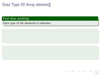 Images/cinvestav-
Data Type Of Array element[]
First than anything
Data type of list elements is unknown.
Thus, we used the genericity of Object
1 Then, we use element[] to be of data type Object.
2 Then, we cast to the new “Item.”
However
You cannot put elements of primitive data types (int, ﬂoat, double, char,
etc.) into our linear lists.
7 / 24
 