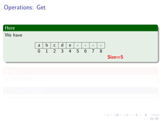 Images/cinvestav-
Operations: Get
Here
We have
a b c d e - - - -
0 1 2 3 4 5 6 7 8
Size=5
get(3)
It will return “d”.
The code is simple
11 / 24
 