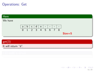 Images/cinvestav-
Operations: Get
Here
We have
a b c d e - - - -
0 1 2 3 4 5 6 7 8
Size=5
get(3)
It will return “d”.
The code is simple
11 / 24
 