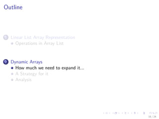 Images/cinvestav-
Outline
1 Linear List Array Representation
Operations in Array List
2 Dynamic Arrays
How much we need to expand it...
A Strategy for it
Analysis
16 / 24
 
