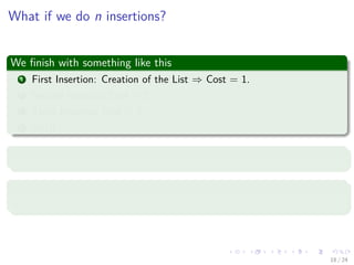 Images/cinvestav-
What if we do n insertions?
We ﬁnish with something like this
1 First Insertion: Creation of the List ⇒ Cost = 1.
2 Second Insertion Cost = 2.
3 Third Insertion Cost = 3
4 etc!!!
Thus, we have
Ok
Not a good idea!!!
18 / 24
 