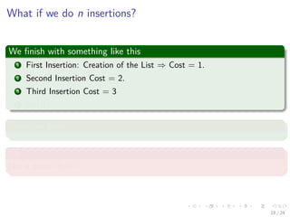 Images/cinvestav-
What if we do n insertions?
We ﬁnish with something like this
1 First Insertion: Creation of the List ⇒ Cost = 1.
2 Second Insertion Cost = 2.
3 Third Insertion Cost = 3
4 etc!!!
Thus, we have
Ok
Not a good idea!!!
18 / 24
 
