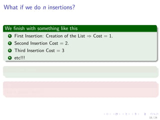 Images/cinvestav-
What if we do n insertions?
We ﬁnish with something like this
1 First Insertion: Creation of the List ⇒ Cost = 1.
2 Second Insertion Cost = 2.
3 Third Insertion Cost = 3
4 etc!!!
Thus, we have
Ok
Not a good idea!!!
18 / 24
 