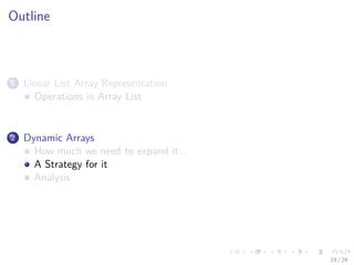 Images/cinvestav-
Outline
1 Linear List Array Representation
Operations in Array List
2 Dynamic Arrays
How much we need to expand it...
A Strategy for it
Analysis
19 / 24
 