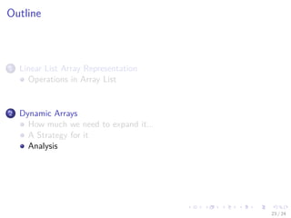 Images/cinvestav-
Outline
1 Linear List Array Representation
Operations in Array List
2 Dynamic Arrays
How much we need to expand it...
A Strategy for it
Analysis
23 / 24
 