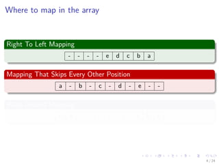 Images/cinvestav-
Where to map in the array
Right To Left Mapping
- - - - e d c b a
Mapping That Skips Every Other Position
a - b - c - d - e - -
Wrap Around Mapping
d e - - - - - - a b c
4 / 24
 