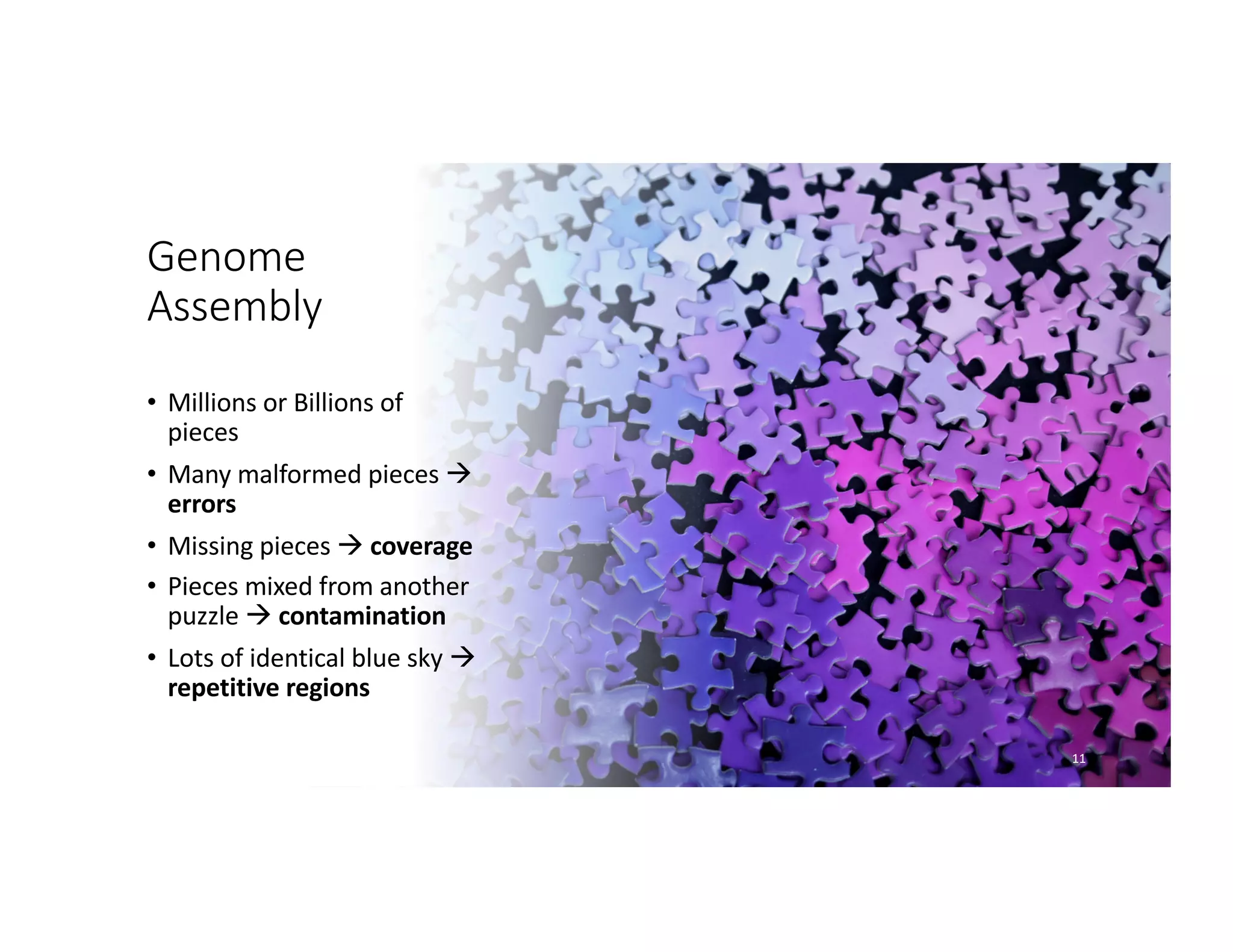 Genome
Assembly
• Millions or Billions of
pieces
• Many malformed pieces à
errors
• Missing pieces à coverage
• Pieces mixed from another
puzzle à contamination
• Lots of identical blue sky à
repetitive regions
11
 