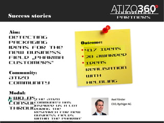Success stories
Aim:
Detecting packaging ideas
for the new business field
„Pharma Customers“
Community:
Atizo Community

Modul:
Two as also Consulting
through Atizo

„The Atizo Community has inspired us
a lot during the research for new
business fields within the Pharmapackaging. We‘d like to work with
Atizo als in future projects.“

Innovation Partners

 