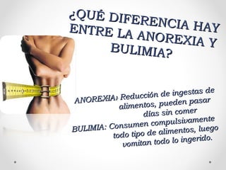ANOREXIA: Reducción de ingestas de
ANOREXIA: Reducción de ingestas de
alimentos, pueden pasar
alimentos, pueden pasar
días sin comerdías sin comer
BULIMIA: Consumen compulsivamente
BULIMIA: Consumen compulsivamente
todo tipo de alimentos, luego
todo tipo de alimentos, luego
vomitan todo lo ingerido.
vomitan todo lo ingerido.
¿QUÉ DIFERENCIA HAY
¿QUÉ DIFERENCIA HAYENTRE LA ANOREXIA Y
ENTRE LA ANOREXIA YBULIMIA?BULIMIA?
 