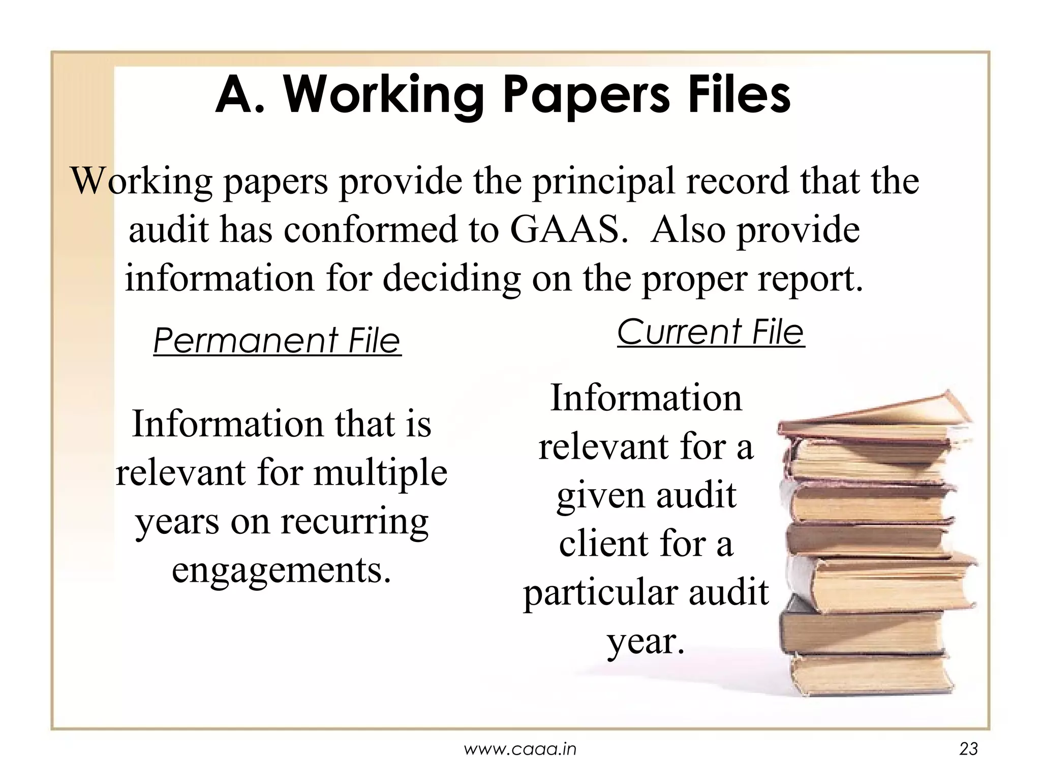 A. Working Papers Files
Working papers provide the principal record that the
audit has conformed to GAAS. Also provide
information for deciding on the proper report.
Current File

Permanent File

Information that is
relevant for multiple
years on recurring
engagements.

Information
relevant for a
given audit
client for a
particular audit
year.
www.caaa.in

23

 