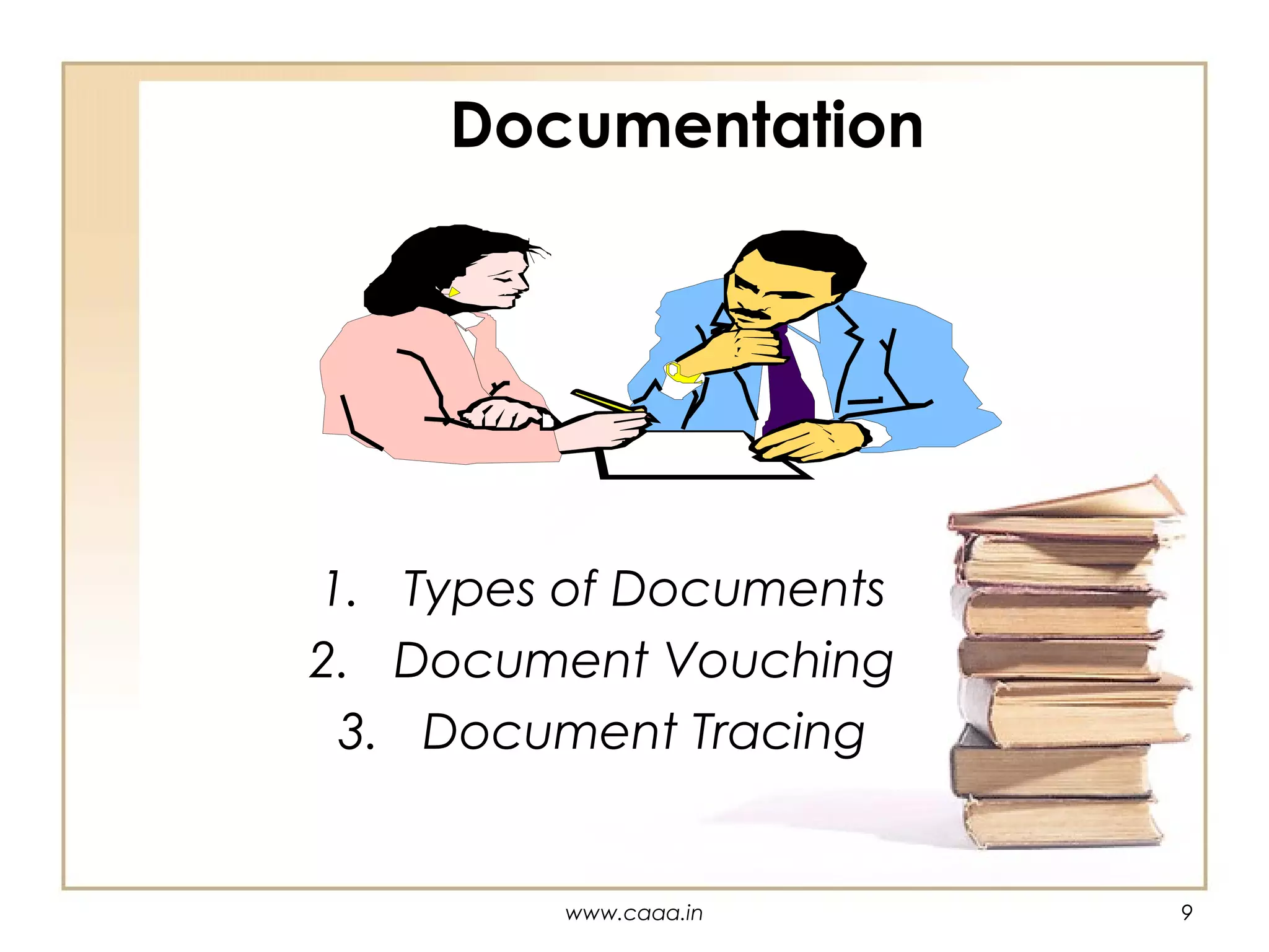 Documentation

1. Types of Documents
2. Document Vouching
3. Document Tracing

www.caaa.in

9

 