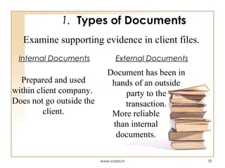 1. Types of Documents
Examine supporting evidence in client files.
Internal Documents

Prepared and used
within client company.
Does not go outside the
client.

External Documents

Document has been in
hands of an outside
party to the
transaction.
More reliable
than internal
documents.
www.caaa.in

10

 