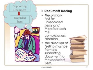 Supporting
Document
Recorded
Item

3. Document Tracing
• The primary
test for
unrecorded
items and
therefore tests
the
completeness
assertion.
• The direction of
testing must be
from the
supporting
document to
the recorded
item.
www.caaa.in

12

 