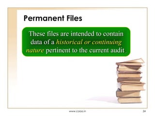 Permanent Files
These files are intended to contain
data of a historical or continuing
nature pertinent to the current audit.

www.caaa.in

24

 