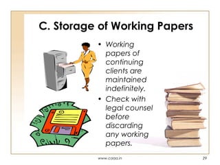 C. Storage of Working Papers
• Working
papers of
continuing
clients are
maintained
indefinitely.
• Check with
legal counsel
before
discarding
any working
papers.
www.caaa.in

29

 