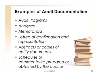 Examples of Audit Documentation
•
•
•
•

Audit Programs
Analyses
Memoranda
Letters of confirmation and
representation
• Abstracts or copies of
entity documents
• Schedules or
commentaries prepared or
obtained by the auditor
www.caaa.in

36

 