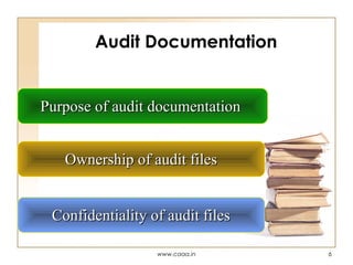 Audit Documentation

Purpose of audit documentation
Ownership of audit files
Confidentiality of audit files
www.caaa.in

6

 