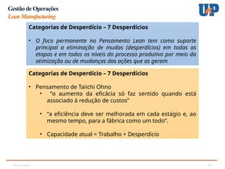 05/02/2025 22
Gestão de Operações
LeanManufacturing
Categorias de Desperdício – 7 Desperdícios
• O foco permanente no Pensamento Lean tem como suporte
principal a eliminação de mudas (desperdícios) em todas as
etapas e em todos os níveis do processo produtivo por meio da
otimização ou de mudanças das ações que as geram
Categorias de Desperdício – 7 Desperdícios
• Pensamento de Taiichi Ohno
• “o aumento da eficácia só faz sentido quando está
associado à redução de custos”
• “a eficiência deve ser melhorada em cada estágio e, ao
mesmo tempo, para a fábrica como um todo”.
• Capacidade atual = Trabalho + Desperdício
 