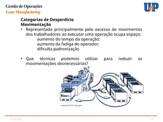 05/02/2025 28
Gestão de Operações
LeanManufacturing
Categorias de Desperdício
Movimentação
• Representada principalmente pelo excesso de movimentos
dos trabalhadores ao executar uma operação ocupa espaço;
aumento do tempo da operação;
aumento da fadiga do operador;
dificulta padronização
• Que técnicas podemos utilizar para reduzir as
movimentações desnecessárias?
 
