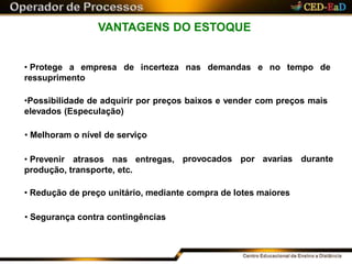 VANTAGENS DO ESTOQUE
de incerteza nas demandas e no tempo de• Protege a empresa
ressuprimento
•Possibilidade de adquirir por preços baixos e vender com preços mais
elevados (Especulação)
provocados por avarias durante
• Melhoram o nível de serviço
• Prevenir atrasos nas entregas,
produção, transporte, etc.
• Redução de preço unitário, mediante compra de lotes maiores
• Segurança contra contingências
 