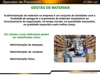 GESTÃO DE MATERIAIS
A administração de materiais na empresa é um conjunto de atividades com a
finalidade de assegurar o suprimento de materiais necessários ao
funcionamento da organização, no tempo correto, na quantidade necessária,
na qualidade requerida e pelo melhor preço.
Em relação a suas atribuições podem
ser classificadas como:
Administração de estoques
Administração de compras
Administração física
 