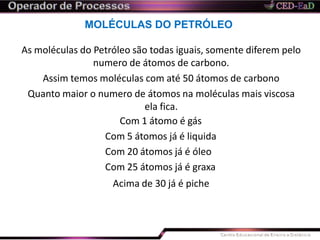 MOLÉCULAS DO PETRÓLEO
As moléculas do Petróleo são todas iguais, somente diferem pelo
numero de átomos de carbono.
Assim temos moléculas com até 50 átomos de carbono
Quanto maior o numero de átomos na moléculas mais viscosa
ela fica.
Com 1 átomo é gás
Com 5 átomos já é liquida
Com 20 átomos já é óleo
Com 25 átomos já é graxa
Acima de 30 já é piche
 