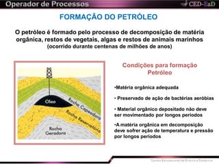 FORMAÇÃO DO PETRÓLEO
O petróleo é formado pelo processo de decomposição de matéria
orgânica, restos de vegetais, algas e restos de animais marinhos
(ocorrido durante centenas de milhões de anos)
Condições para formação
Petróleo
•Matéria orgânica adequada
• Preservado de ação de bactérias aeróbias
• Material orgânico depositado não deve
ser movimentado por longos períodos
•A matéria orgânica em decomposição
deve sofrer ação de temperatura e pressão
por longos períodos
 
