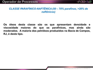 CLASSE PARAFÍNICO-NAFTÊNICA (50 – 70% parafinas, >20% de
naftênicos)
Os óleos desta classe são os que apresentam densidade e
viscosidade maiores do que os parafínicos, mas ainda são
moderados. A maioria dos petróleos produzidos na Bacia de Campos,
RJ, é deste tipo.
 