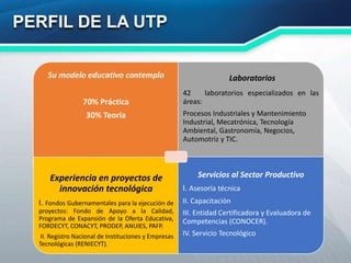PERFIL DE LA UTP
Su modelo educativo contempla
70% Práctica
30% Teoría
Laboratorios
42 laboratorios especializados en las
áreas:
Procesos Industriales y Mantenimiento
Industrial, Mecatrónica, Tecnología
Ambiental, Gastronomía, Negocios,
Automotriz y TIC.
CAD ,CAM, CAE e impresión 3D.
Experiencia en proyectos de
innovación tecnológica
I. Fondos Gubernamentales para la ejecución de
proyectos: Fondo de Apoyo a la Calidad,
Programa de Expansión de la Oferta Educativa,
FORDECYT, CONACYT, PRODEP, ANUIES, PAFP.
II. Registro Nacional de Instituciones y Empresas
Tecnológicas (RENIECYT).
Servicios al Sector Productivo
I. Asesoría técnica
II. Capacitación
III. Entidad Certificadora y Evaluadora de
Competencias (CONOCER).
IV. Servicio Tecnológico
 